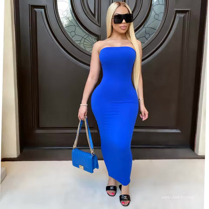 Vestido de praia longo feminino sexy sem mangas com peito enrolado no verão.