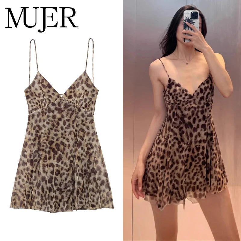 Muyer 2025 tule mini vestido mulher leopardo impressão deslizamento vestido feminino sexy sem costas vestidos curtos para mulheres vestidos de festa drapeados