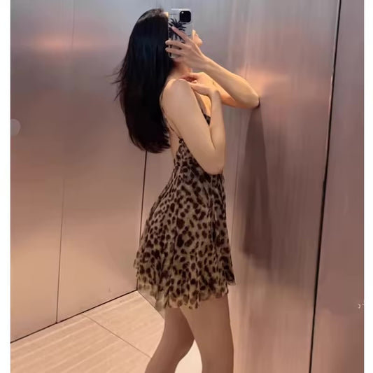 Muyer 2025 tule mini vestido mulher leopardo impressão deslizamento vestido feminino sexy sem costas vestidos curtos para mulheres vestidos de festa drapeados
