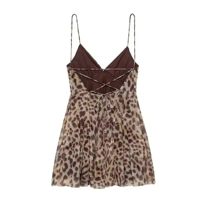 Muyer 2025 tule mini vestido mulher leopardo impressão deslizamento vestido feminino sexy sem costas vestidos curtos para mulheres vestidos de festa drapeados