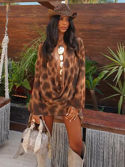 183 Kliou balançando pescoço solto feminino mini vestido hipster sexy decote tie dye manga longa irregular vestido mujer atraente clubwear.