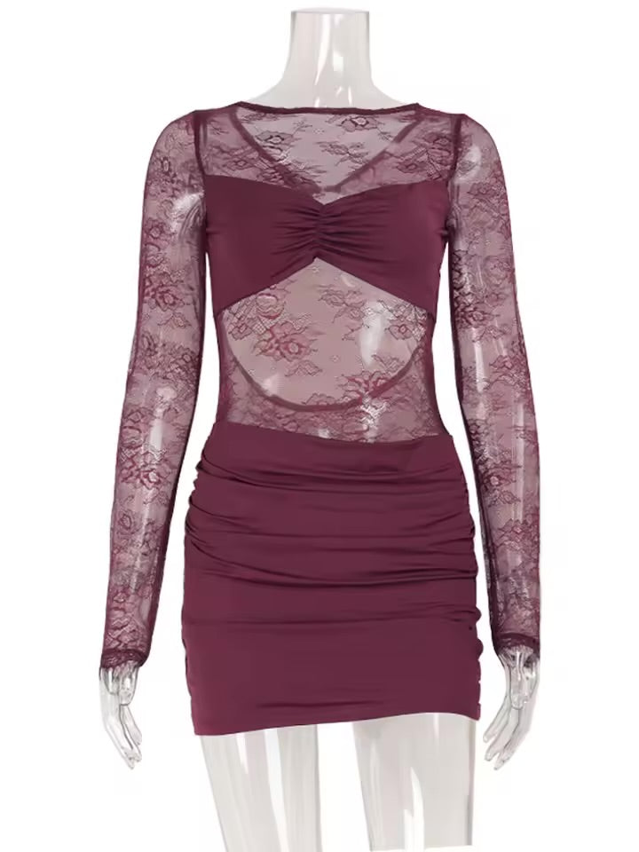 Cnyishe renda retalhos sem costas o pescoço vestidos femininos moda pura manga longa bainha outfits oco para fora feminino hip envoltório bodycon