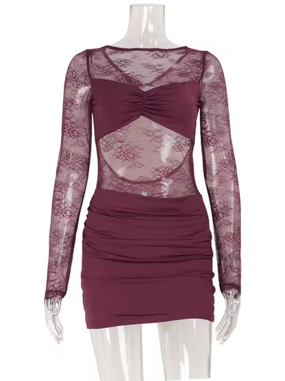 Cnyishe renda retalhos sem costas o pescoço vestidos femininos moda pura manga longa bainha outfits oco para fora feminino hip envoltório bodycon