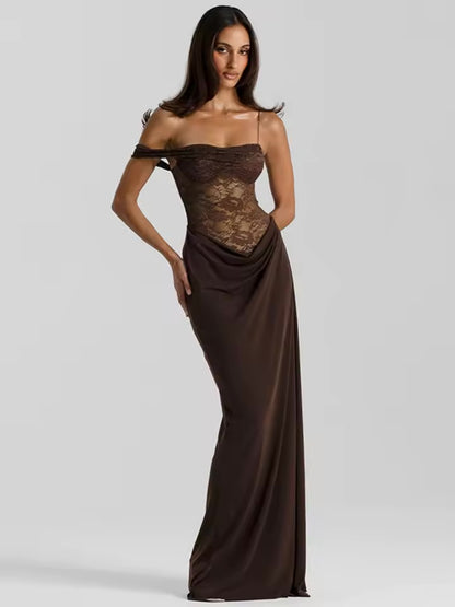 Mozision um ombro renda ver através sexy maxi vestido feminino moda fora do ombro sem mangas sem costas clube vestidos longos.