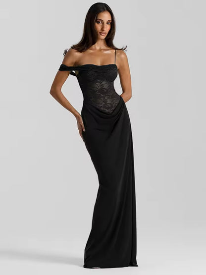 Mozision um ombro renda ver através sexy maxi vestido feminino moda fora do ombro sem mangas sem costas clube vestidos longos.