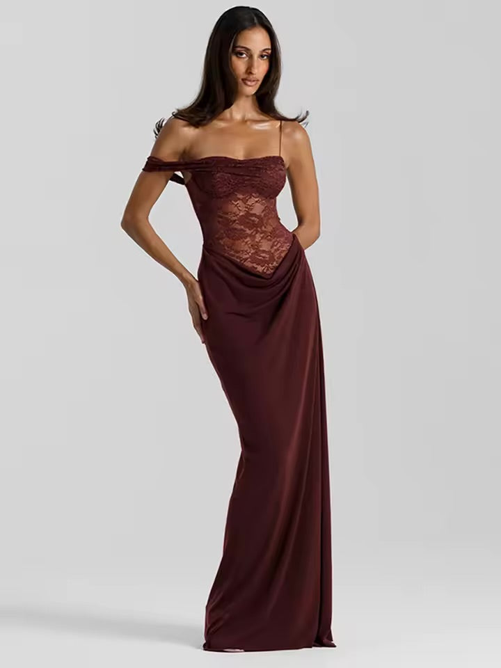 Mozision um ombro renda ver através sexy maxi vestido feminino moda fora do ombro sem mangas sem costas clube vestidos longos.