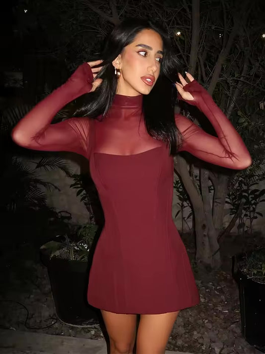 Huhugirl malha retalhos vestidos para mulheres moda sexy streetwear sólido manga cheia gola alta magro mini vestidos robes feminino