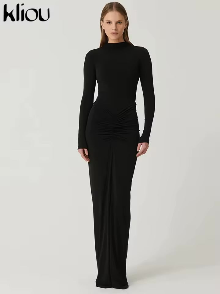 Kliou shirring feminino clássico maxi vestido outono novo sólido manga longa gola alta moldar o corpo vestidos mujer conciso tendência robe
