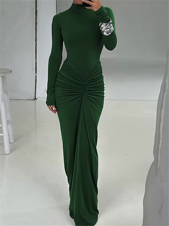 Kliou shirring feminino clássico maxi vestido outono novo sólido manga longa gola alta moldar o corpo vestidos mujer conciso tendência robe