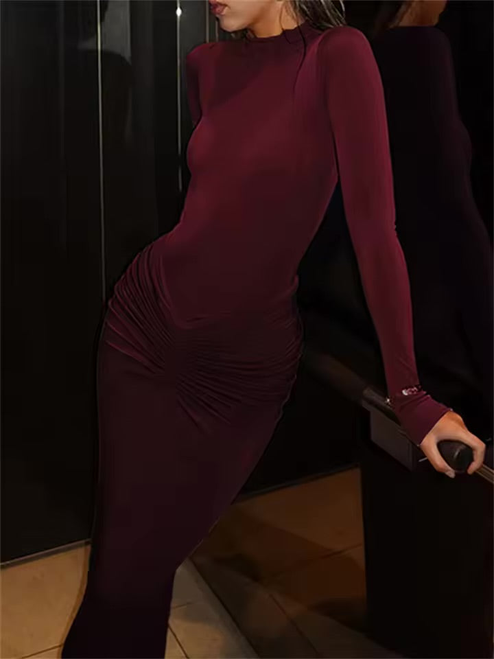 Kliou shirring feminino clássico maxi vestido outono novo sólido manga longa gola alta moldar o corpo vestidos mujer conciso tendência robe