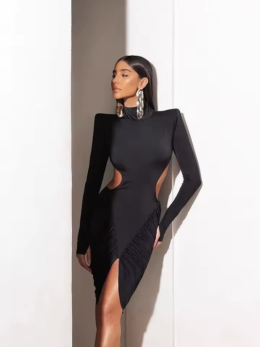 Sisterlinda Ruched vestido elegante feminino outono gola alta manga cheia sem cintura oca sem costas rua sexy moda mini bodycon