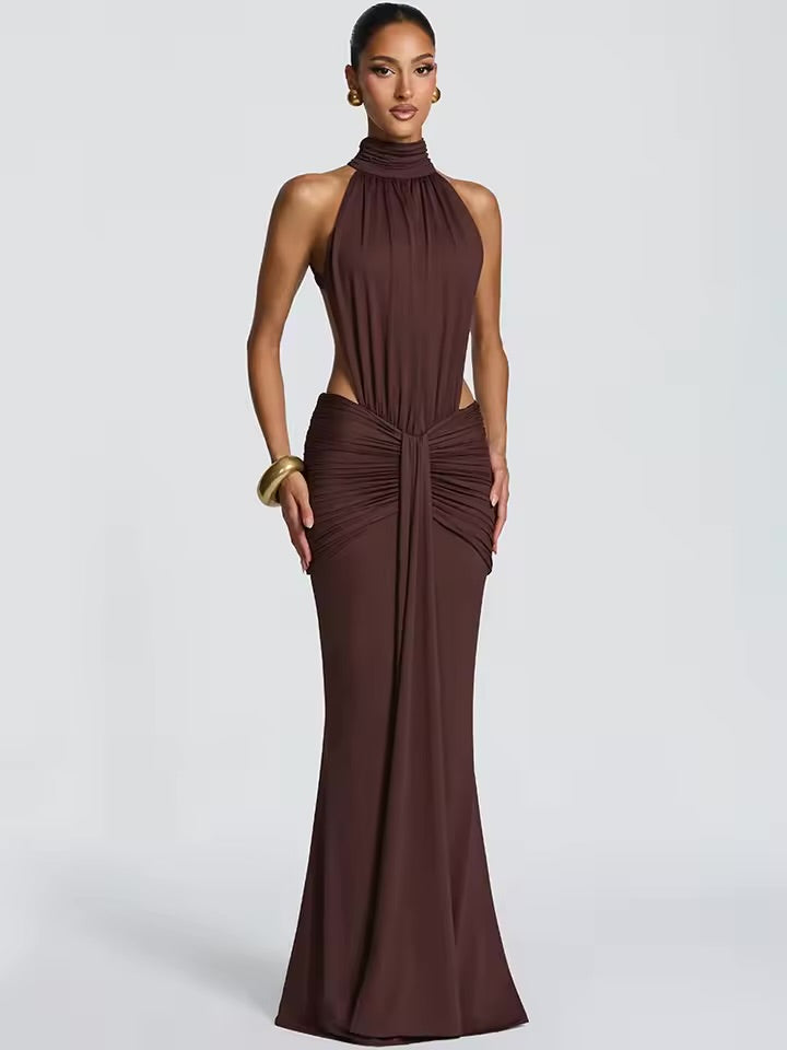 Vestido Maxi Sexy Sem Costas com Gola Alta para Mulheres, Elegante, Sem Mangas, Com Pregas, Vestido Longo para Festa