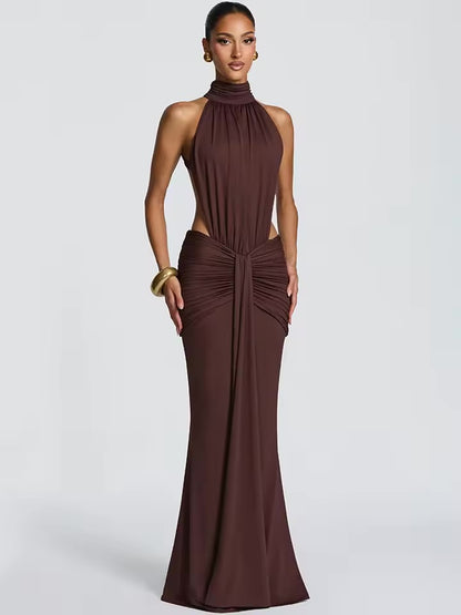 Vestido Maxi Sexy Sem Costas com Gola Alta para Mulheres, Elegante, Sem Mangas, Com Pregas, Vestido Longo para Festa