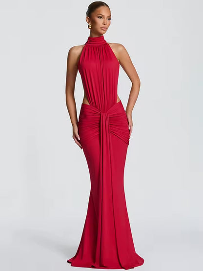 Vestido Maxi Sexy Sem Costas com Gola Alta para Mulheres, Elegante, Sem Mangas, Com Pregas, Vestido Longo para Festa