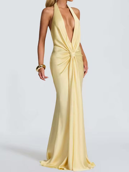 Sexy sem mangas sem costas vestidos elegante baixo peito halter vestido de festa à noite moda feminina drapeado altura cintura magro vestido longo