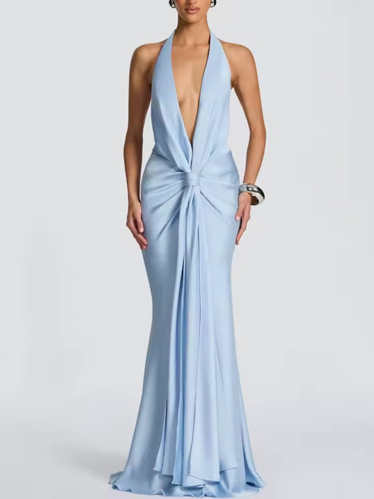 Sexy sem mangas sem costas vestidos elegante baixo peito halter vestido de festa à noite moda feminina drapeado altura cintura magro vestido longo