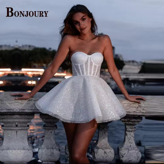 Bonjoury glitter vestidos de casamento curtos para mulher noiva sem alças mini a linha brilhante tule plissado vestido de novia personalizado