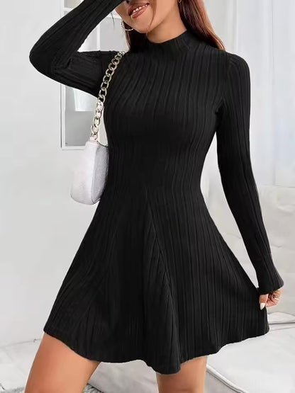 Feminino slim fit meia gola alta cintura cinched saia evasê manga comprida vestido listrado