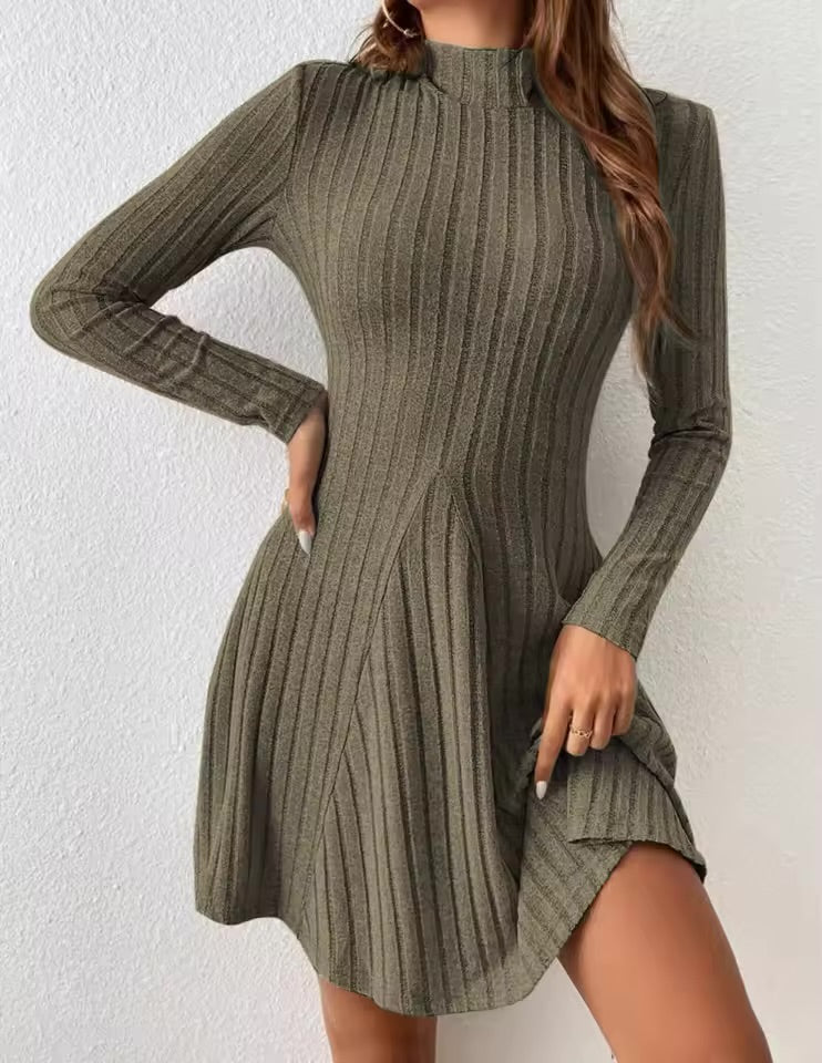 Feminino slim fit meia gola alta cintura cinched saia evasê manga comprida vestido listrado