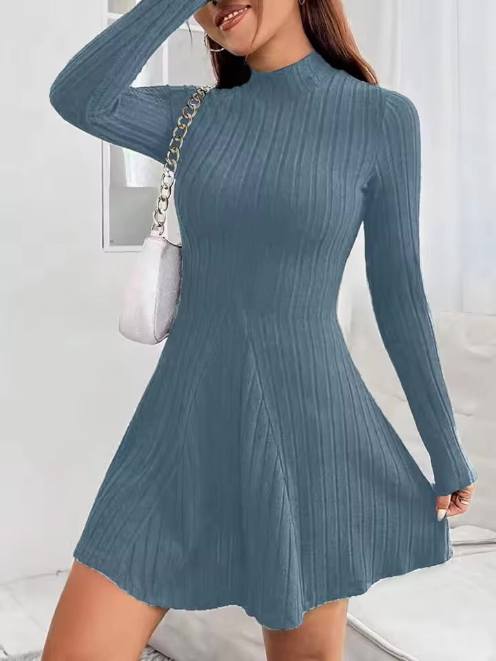 Feminino slim fit meia gola alta cintura cinched saia evasê manga comprida vestido listrado