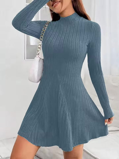 Feminino slim fit meia gola alta cintura cinched saia evasê manga comprida vestido listrado