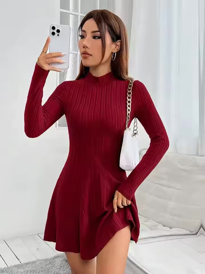 Feminino slim fit meia gola alta cintura cinched saia evasê manga comprida vestido listrado