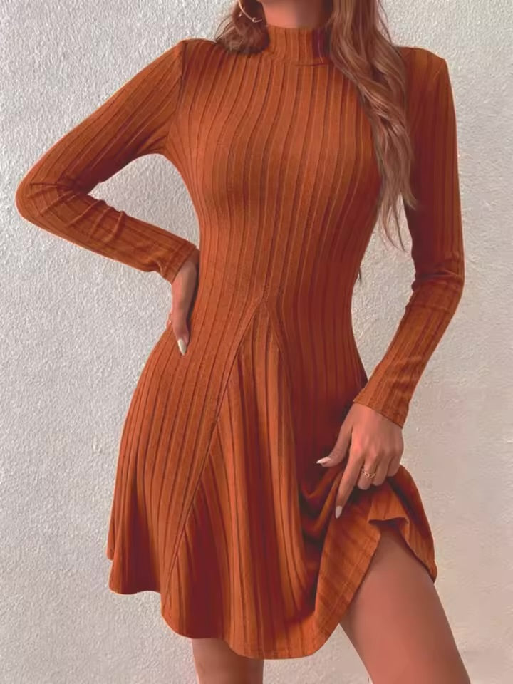 Feminino slim fit meia gola alta cintura cinched saia evasê manga comprida vestido listrado