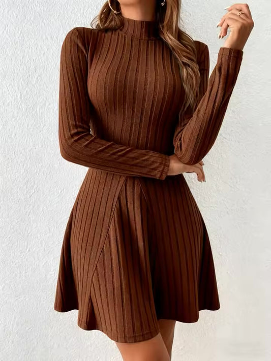 Feminino slim fit meia gola alta cintura cinched saia evasê manga comprida vestido listrado