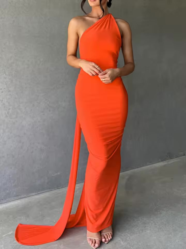 201 Mulheres de um ombro sem mangas sem costas Ruched Bodycon Maxi Vestidos, Neon Y2K Roupas, Clube, Festa de aniversário, Noite, Formatura