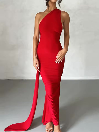 201 Mulheres de um ombro sem mangas sem costas Ruched Bodycon Maxi Vestidos, Neon Y2K Roupas, Clube, Festa de aniversário, Noite, Formatura