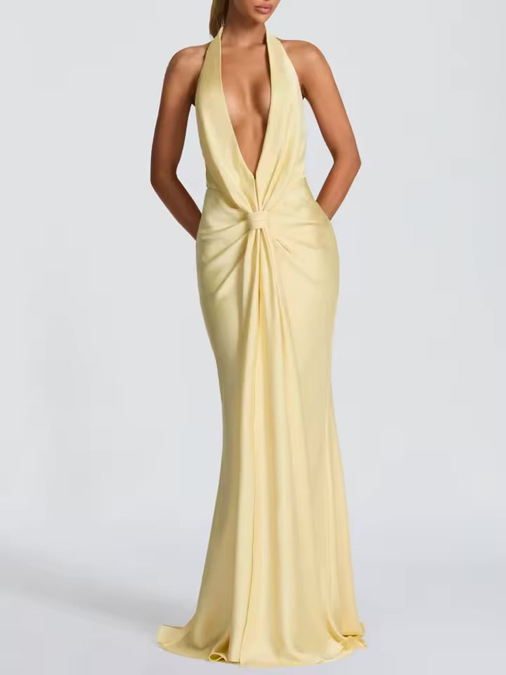 Sexy sem mangas sem costas vestidos elegante baixo peito halter vestido de festa à noite moda feminina drapeado altura cintura magro vestido longo