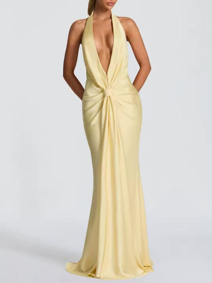 Sexy sem mangas sem costas vestidos elegante baixo peito halter vestido de festa à noite moda feminina drapeado altura cintura magro vestido longo