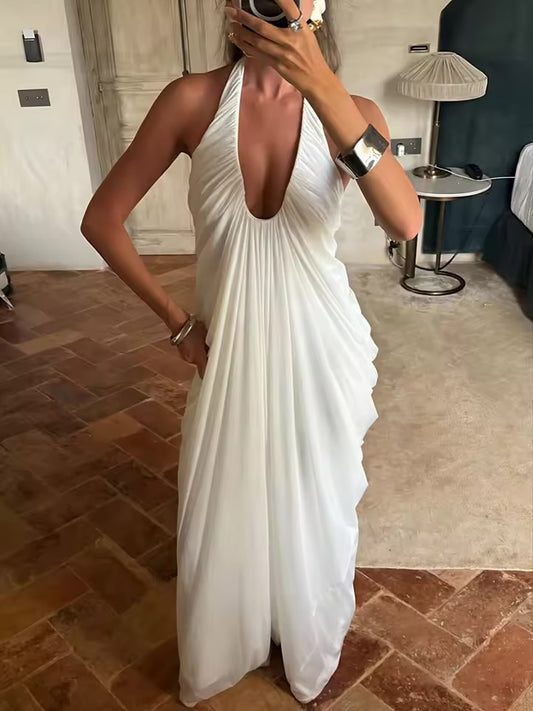 Mozision malha halter sem costas sexy maxi vestido feminino moda elegante decote em v sem mangas plissado clube festa vestidos longos
