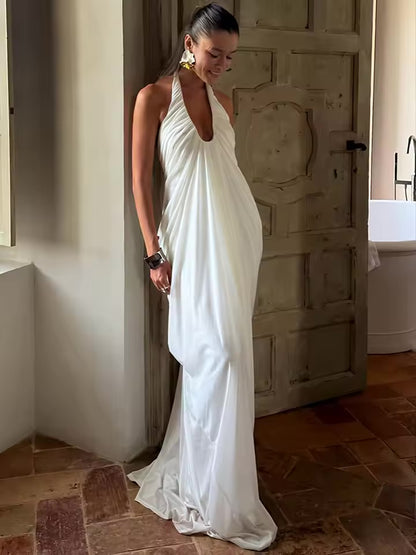 Mozision malha halter sem costas sexy maxi vestido feminino moda elegante decote em v sem mangas plissado clube festa vestidos longos