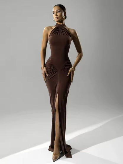 Mozision halter ruched sem mangas sexy maxi vestido feminino moda magro cintura alta noite clube festa dividir vestido longo