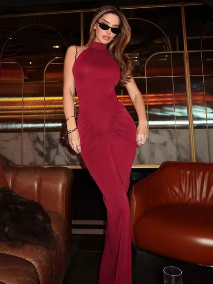 Mozision halter ruched sem mangas sexy maxi vestido feminino moda magro cintura alta noite clube festa dividir vestido longo