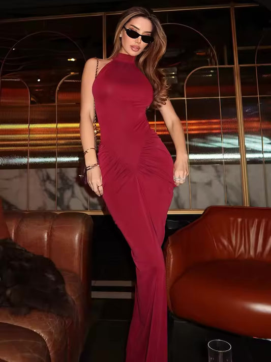Mozision halter ruched sem mangas sexy maxi vestido feminino moda magro cintura alta noite clube festa dividir vestido longo