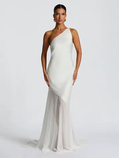 Absobe um ombro maxi vestido de noite feminino sexy sem costas magro malha retalhos festa elegante até o chão vestidos de sereia