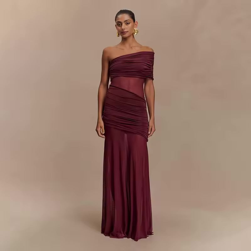 Townlike magro bodycon maxi vestido longo feminino um ombro 2025 vestido de verão malha retalhos plissado boate sexy vestidos de festa