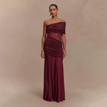 Townlike magro bodycon maxi vestido longo feminino um ombro 2025 vestido de verão malha retalhos plissado boate sexy vestidos de festa
