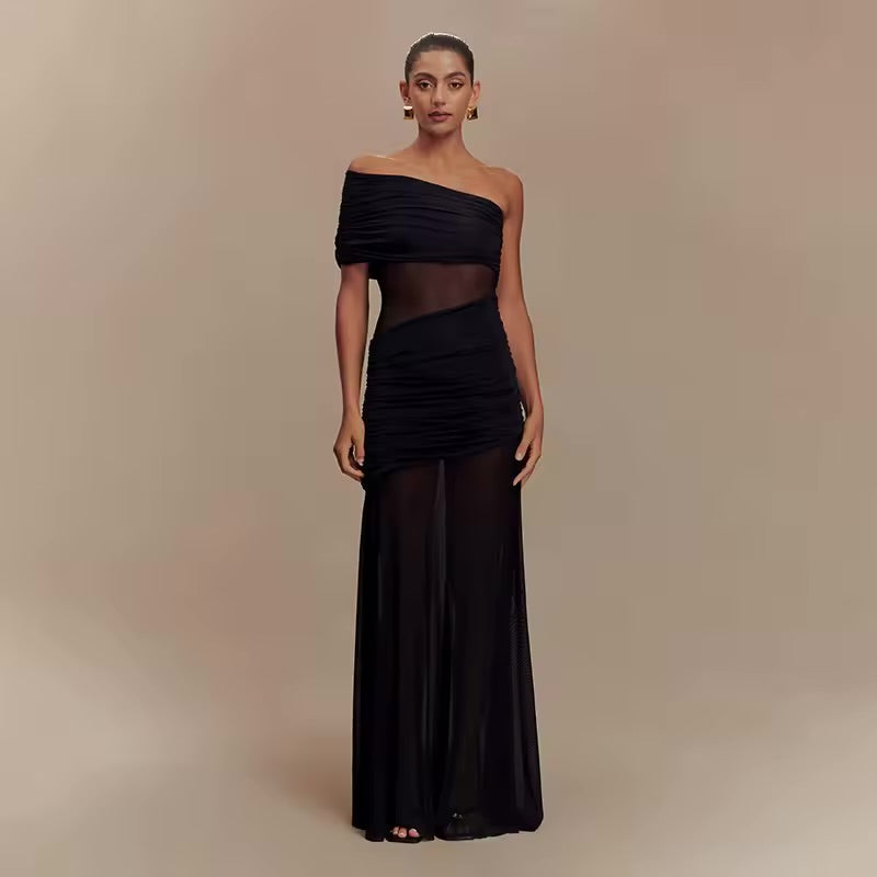 Townlike magro bodycon maxi vestido longo feminino um ombro 2025 vestido de verão malha retalhos plissado boate sexy vestidos de festa