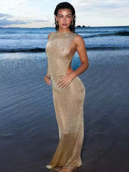 Vestido Bodycon Glitter Sparklike para mulheres, vestido maxi longo, perspectiva sem encosto, vestidos de festa sexy boate, Bodycon fino, verão, 2025