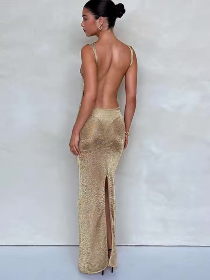 Vestido Bodycon Glitter Sparklike para mulheres, vestido maxi longo, perspectiva sem encosto, vestidos de festa sexy boate, Bodycon fino, verão, 2025