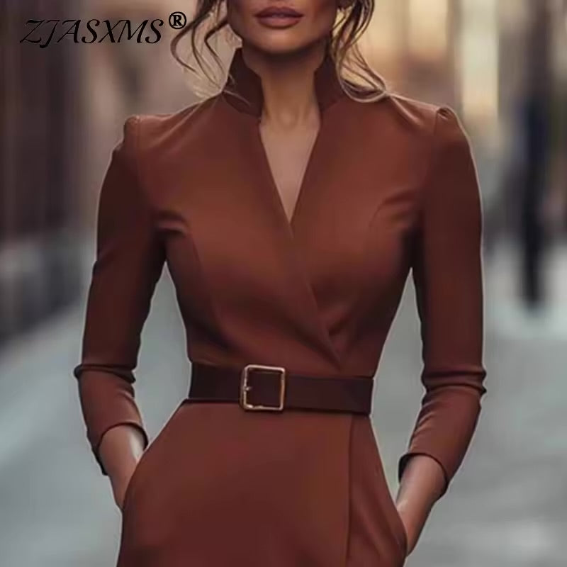 Outono manga longa bodycon elegante vestido mulher sexy decote em v cintura alta escritório lápis vestido fashoin bolso sólido magro midi vestidos