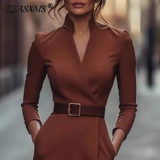 Outono manga longa bodycon elegante vestido mulher sexy decote em v cintura alta escritório lápis vestido fashoin bolso sólido magro midi vestidos