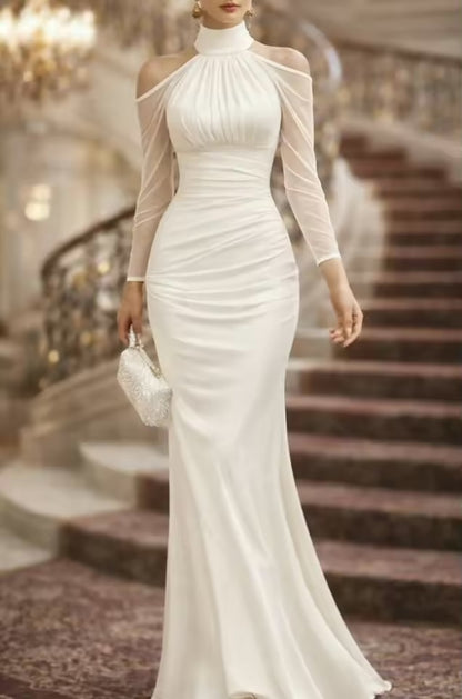 Vestido de noite halter com gola alta | Manga três quartos fora do ombro, saia sereia bodycon, vestido formal, design plissado de chiffon