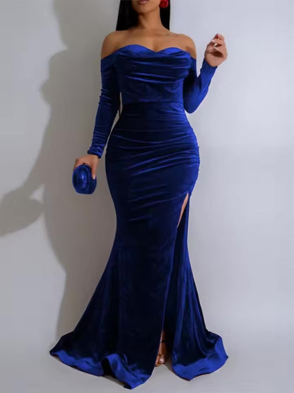 Sexy fora do ombro festa vestidos de noite para mulheres boate celebridade veludo alta divisão formal sereia maxi vestido elegante