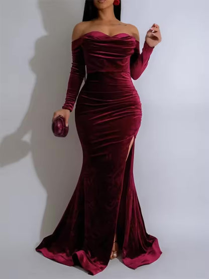 Sexy fora do ombro festa vestidos de noite para mulheres boate celebridade veludo alta divisão formal sereia maxi vestido elegante