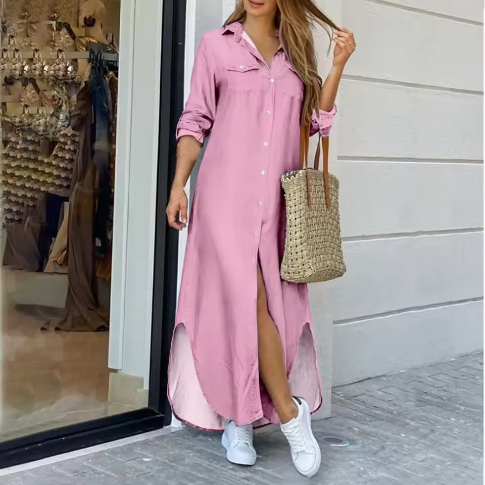 Moda feminina lapela botões camisa vestido de manga longa botão para baixo sexy fenda camisa vestido leve conforto vestidos para o sexo feminin