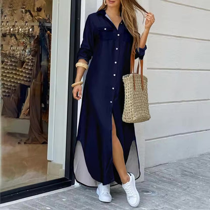 Moda feminina lapela botões camisa vestido de manga longa botão para baixo sexy fenda camisa vestido leve conforto vestidos para o sexo feminin